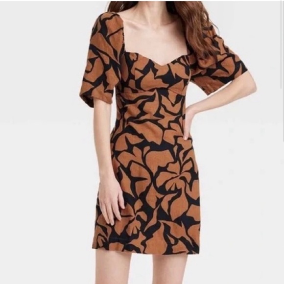 a new day Dresses & Skirts - NWOT A New Day Women’s Short Puff Sleeve Mini Shift Dress Leaf Brown